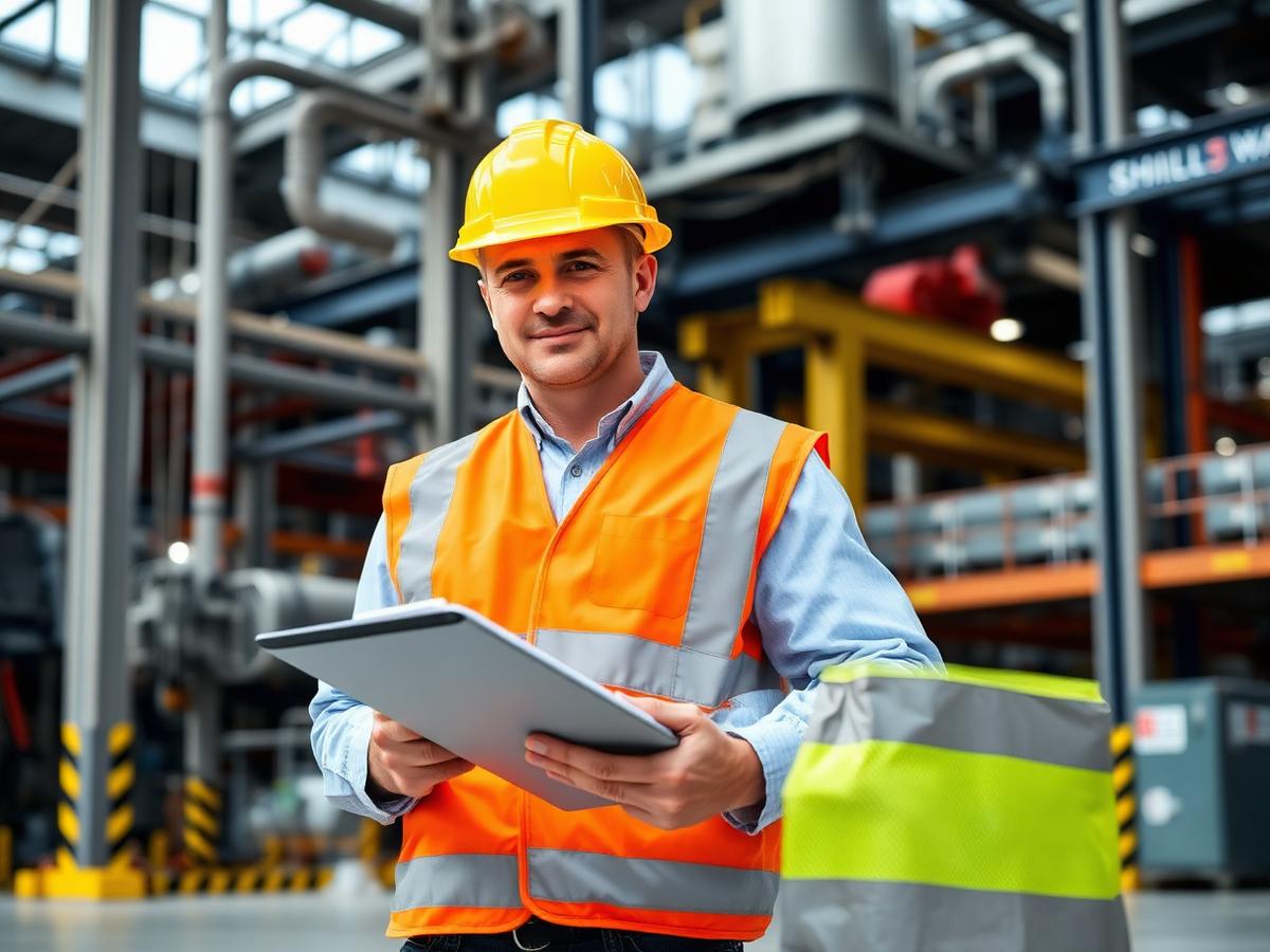 Engenheiro de segurança inspecionando planta industrial