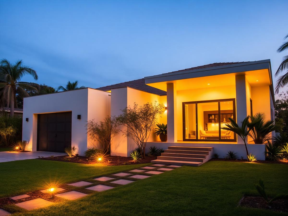 Casa iluminada ao entardecer protegida por seguro residencial