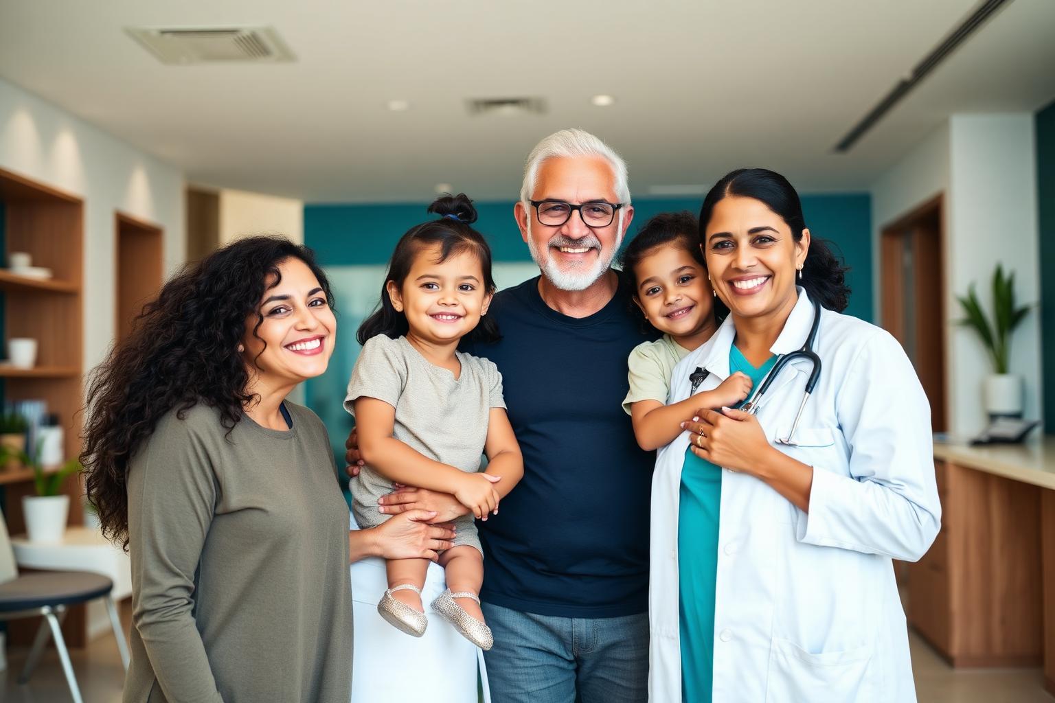 Família brasileira sorrindo ao lado de uma médica na recepção de uma clínica