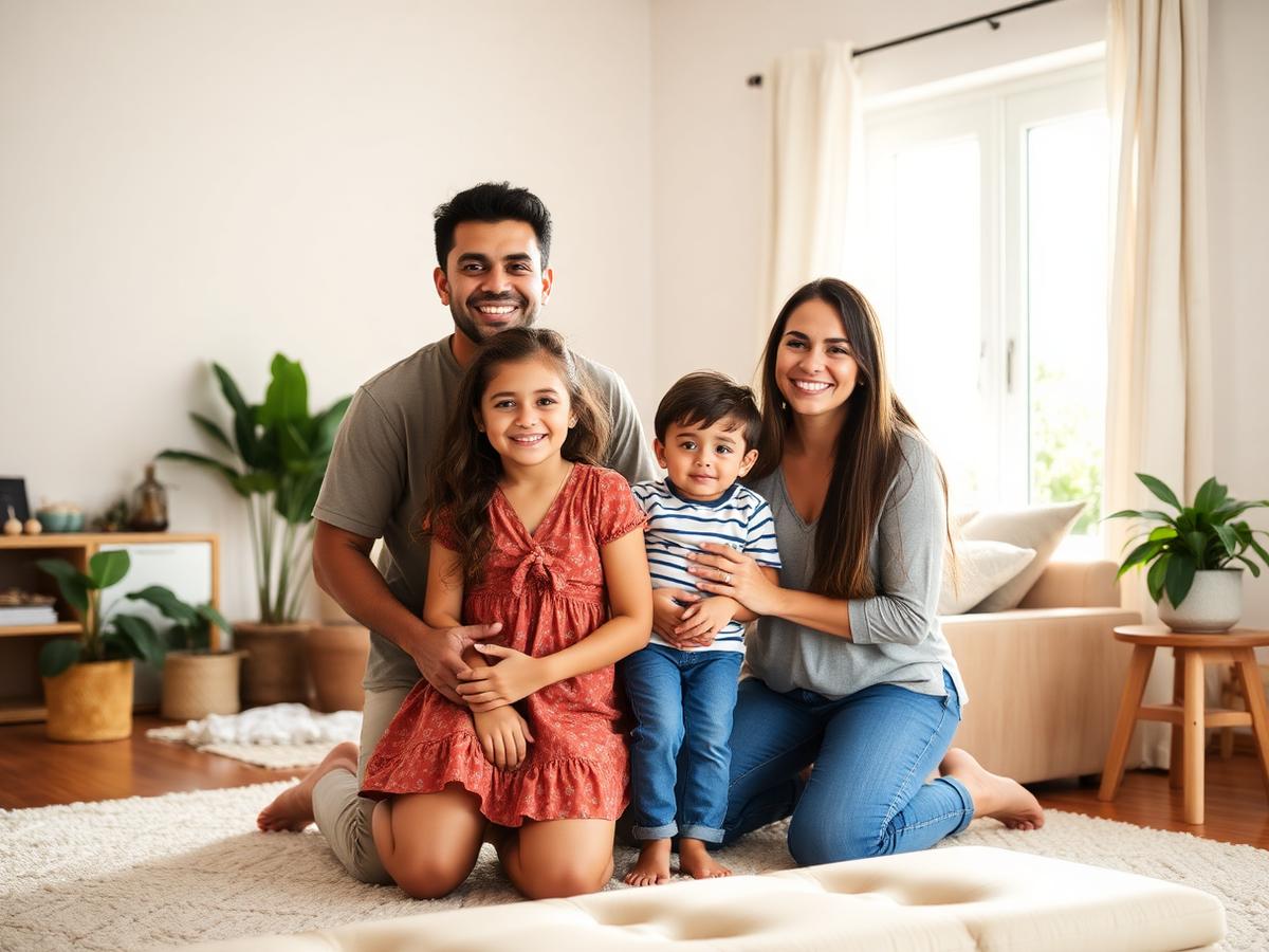 Família reunida em casa, protegida por seguro de vida